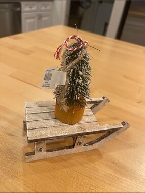 Creative Co-op Wooden Mini Sled with Green Bottle Brush Tree Ornament